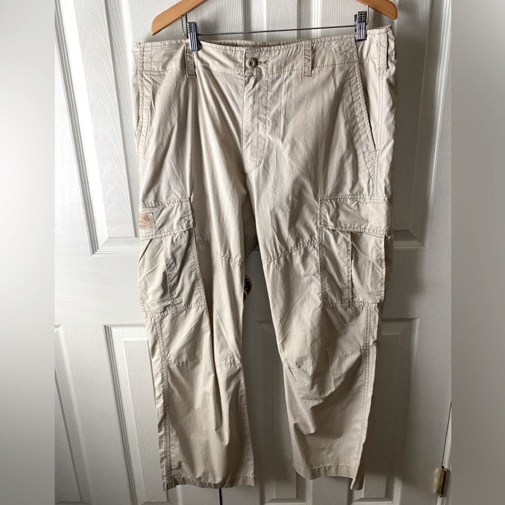 VINTAGE Y2K POLO JEANS COMPANY Khaki Cotton Wide Leg Military Cargo Pants 38/30
